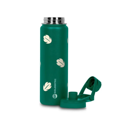Garrafa Térmica Goldentec 750ml Folhas Creme Verde Militar, com a tampa aberta