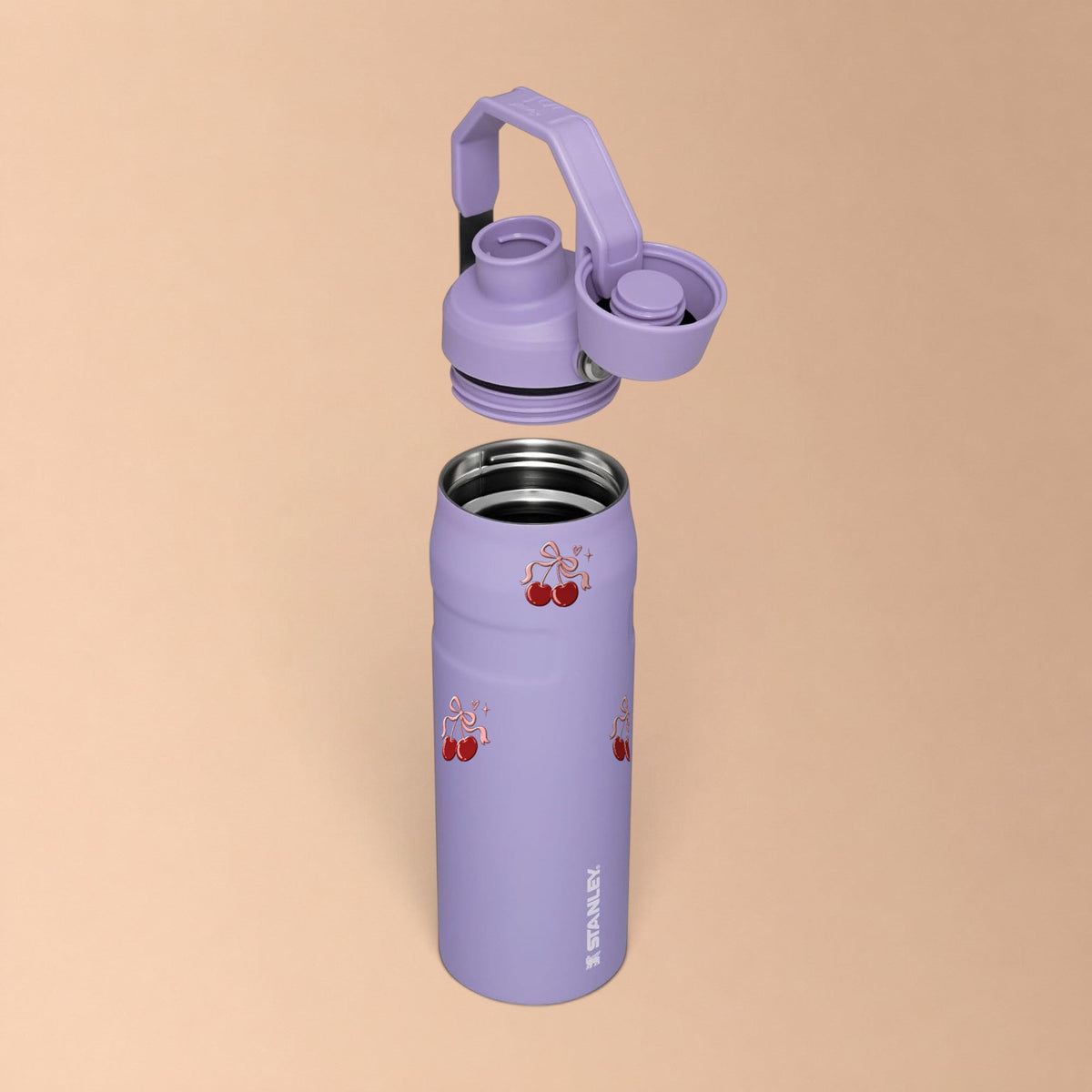 Garrafa Térmica Stanley Aerolight Fast Flow 710ml Cereja Pop Lavender, com a tampa aberta