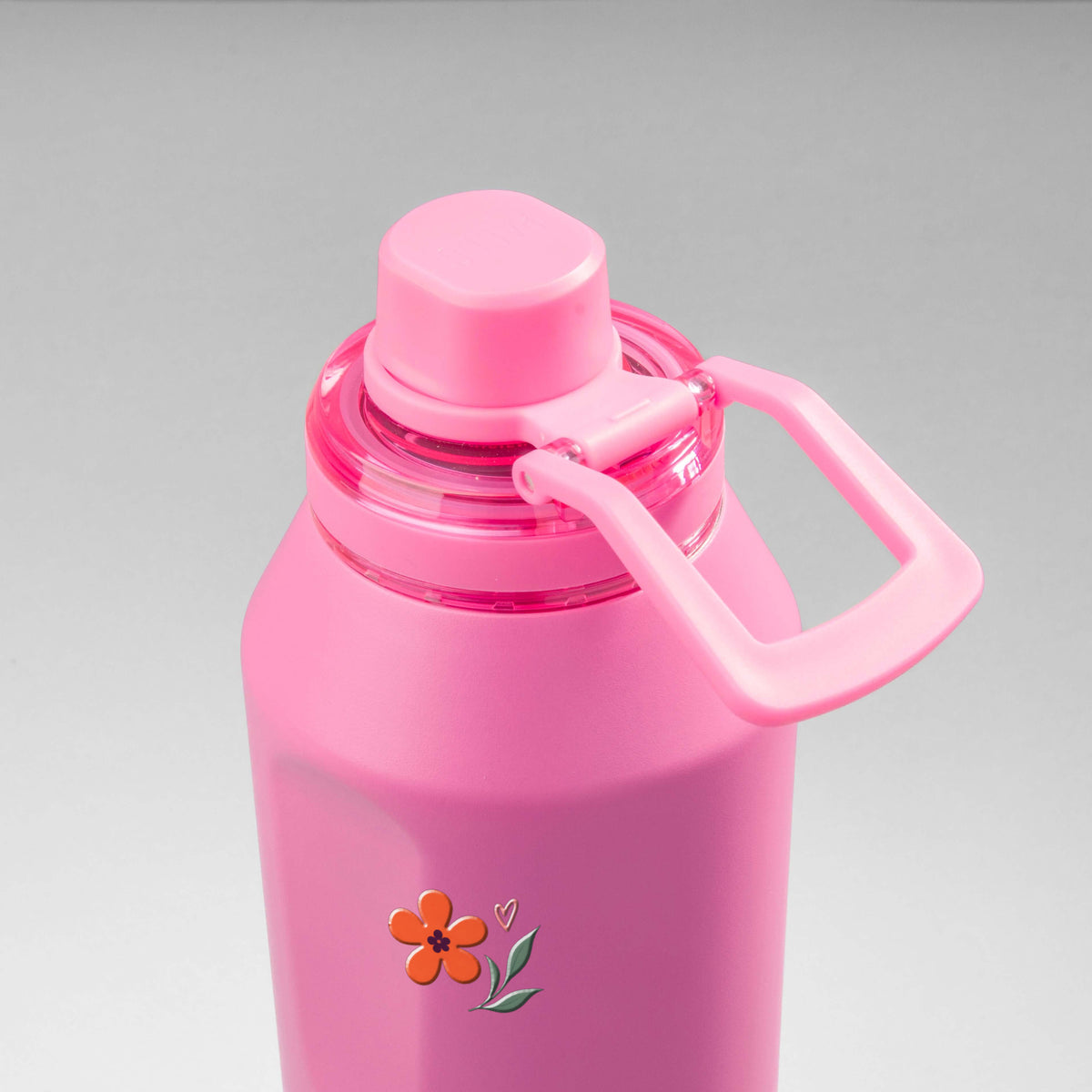 Garrafa Térmica PACCO Vyta 1200ml Floral Club Chiclete, vista de cima com a alça de lado