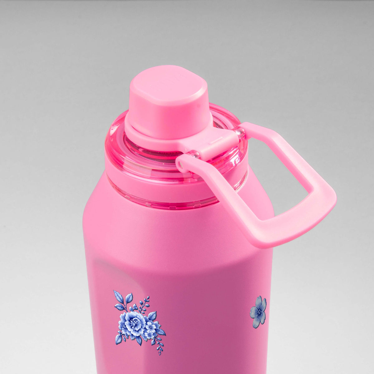 Garrafa Térmica PACCO Vyta 1200ml Jardim Azul Chiclete, vista de cima com a alça de lado