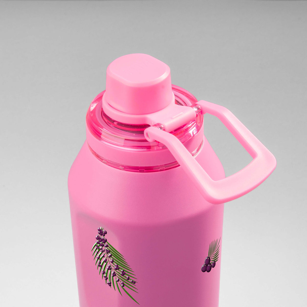 Garrafa Térmica PACCO Vyta 1200ml Açaí Chiclete, vista de cima com a alça de lado
