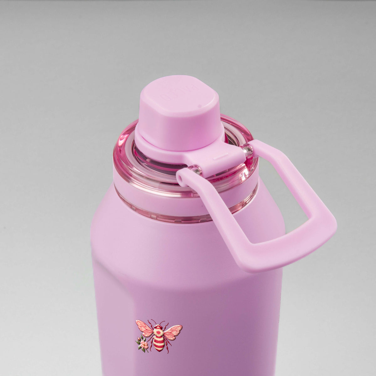 Garrafa Térmica PACCO Vyta 1200ml Rosé Romântico Lilás, vista de cima com a alça de lado