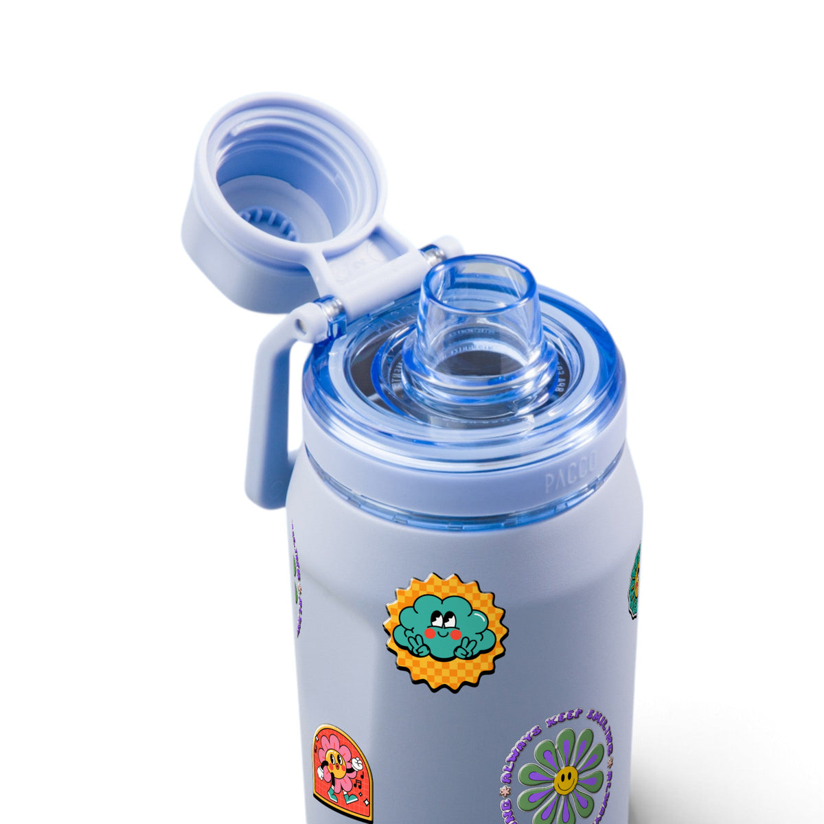 Garrafa Térmica PACCO Vyta 350ml Retrô Good Vibes Lavanda, com a tampa aberta
