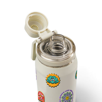 Garrafa Térmica PACCO Vyta 350ml Retrô Good Vibes Creme, com a tampa aberta