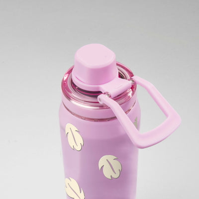 Garrafa Térmica PACCO Vyta 500ml Folhas Creme Lilás, vista de cima com a alça de lado