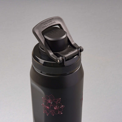 Garrafa Térmica PACCO Vyta 650ml Floral Rosa Preta, vista de cima com a alça levantada