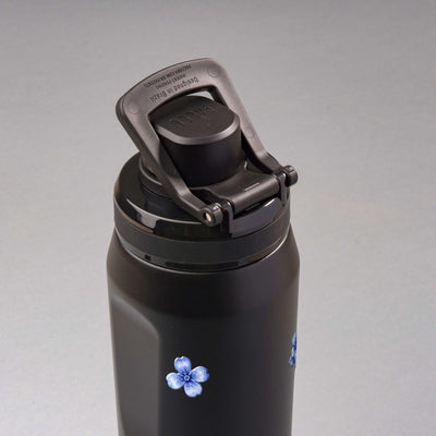 Garrafa Térmica PACCO Vyta 650ml Jardim Azul Preta, vista de cima com a alça levantada