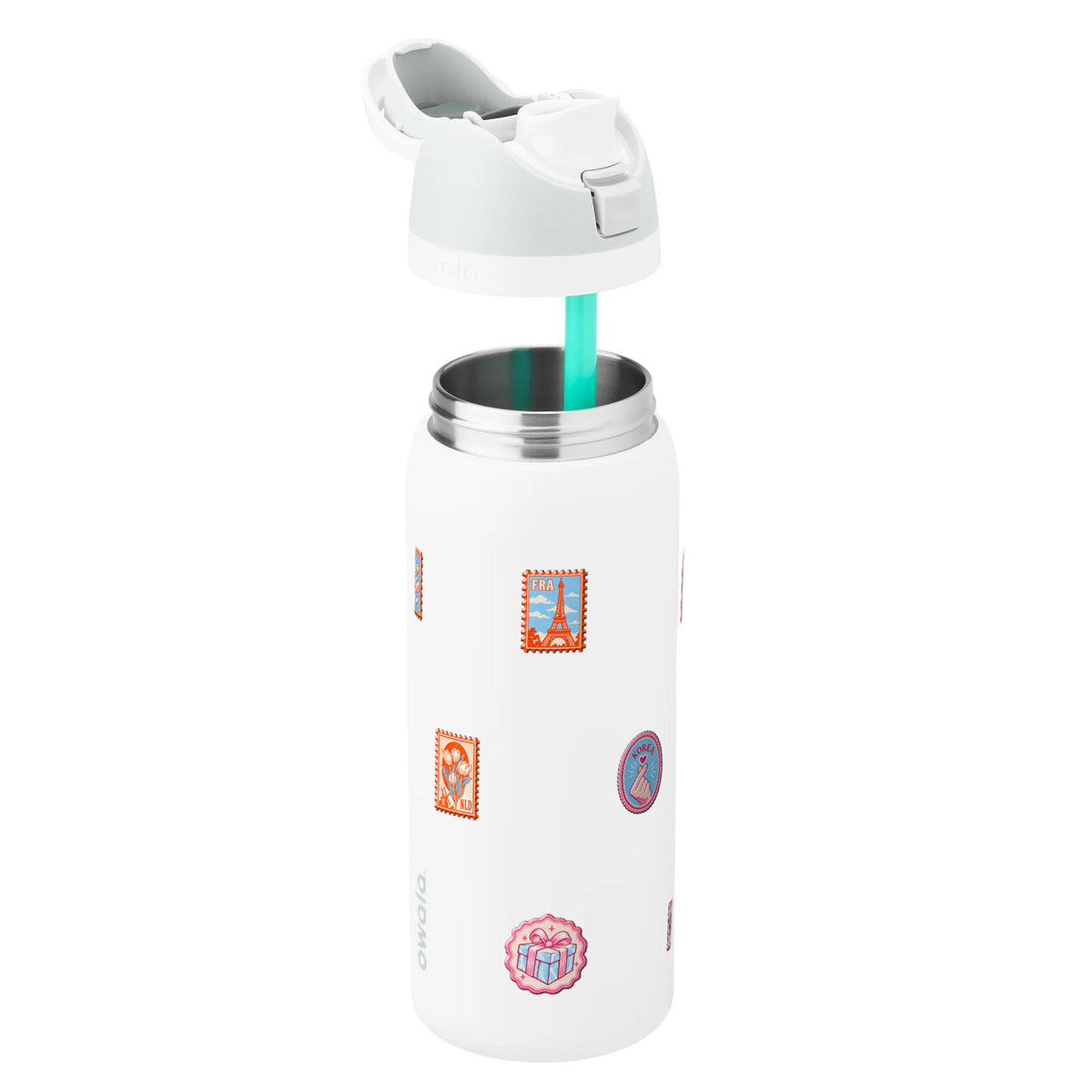 Garrafa Térmica Owala FreeSip 946ml Selos de Viagem White Marshmallow, sem tampa