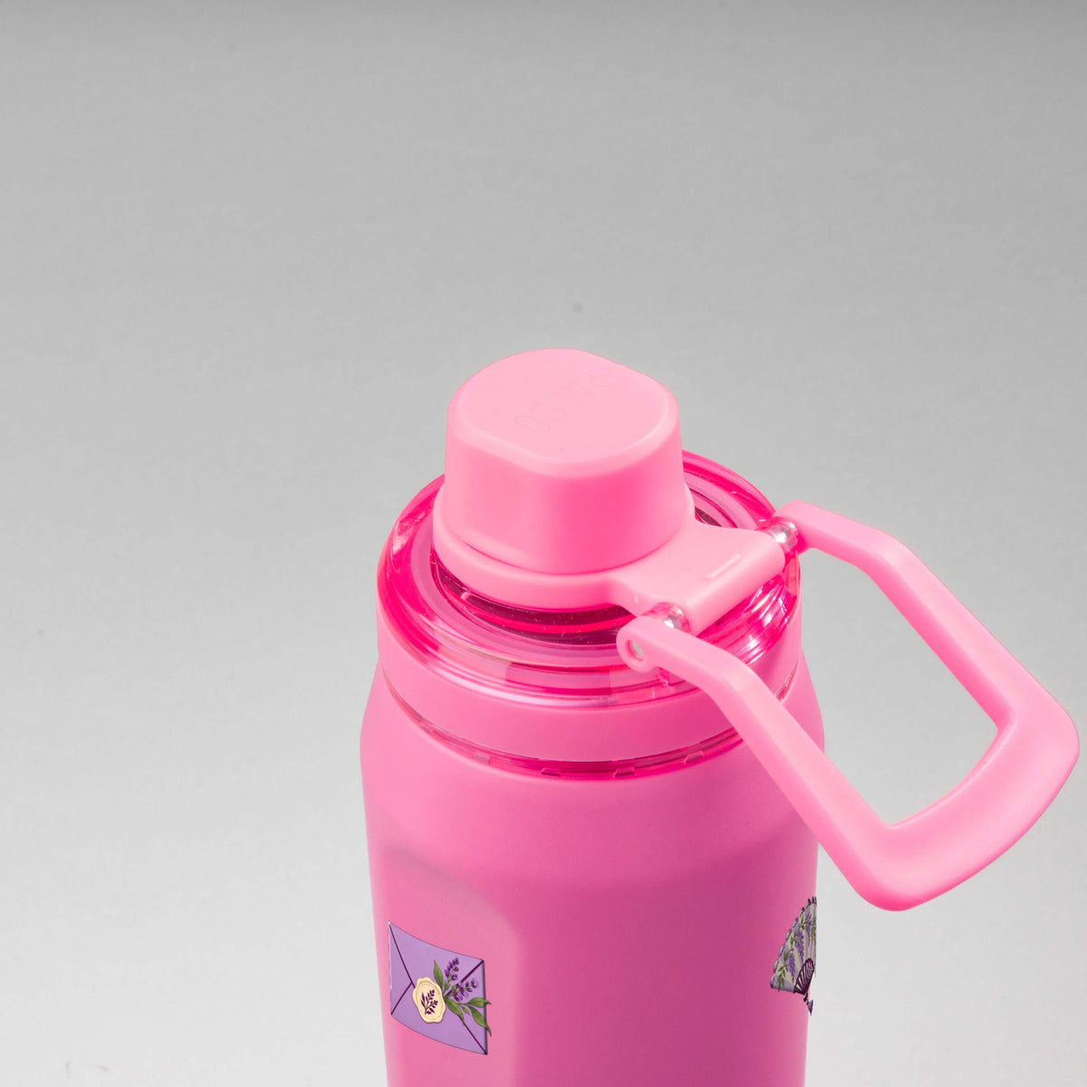 Garrafa Térmica PACCO Vyta 650ml Lavanda Botânica Chiclete, vista de cima com a alça de lado