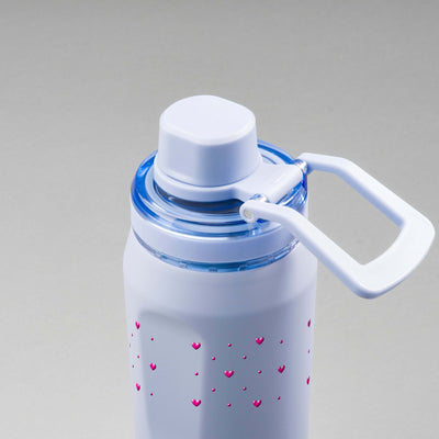 Garrafa Térmica PACCO Vyta 650ml Corações Rosa Lavanda, vista de cima com a alça de lado