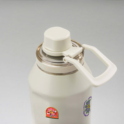 Garrafa Térmica PACCO Vyta 1200ml Retrô Good Vibes Creme, vista de cima com a alça de lado