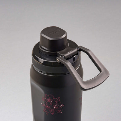 Garrafa Térmica PACCO Vyta 650ml Floral Rosa Preta, vista de cima com a alça de lado