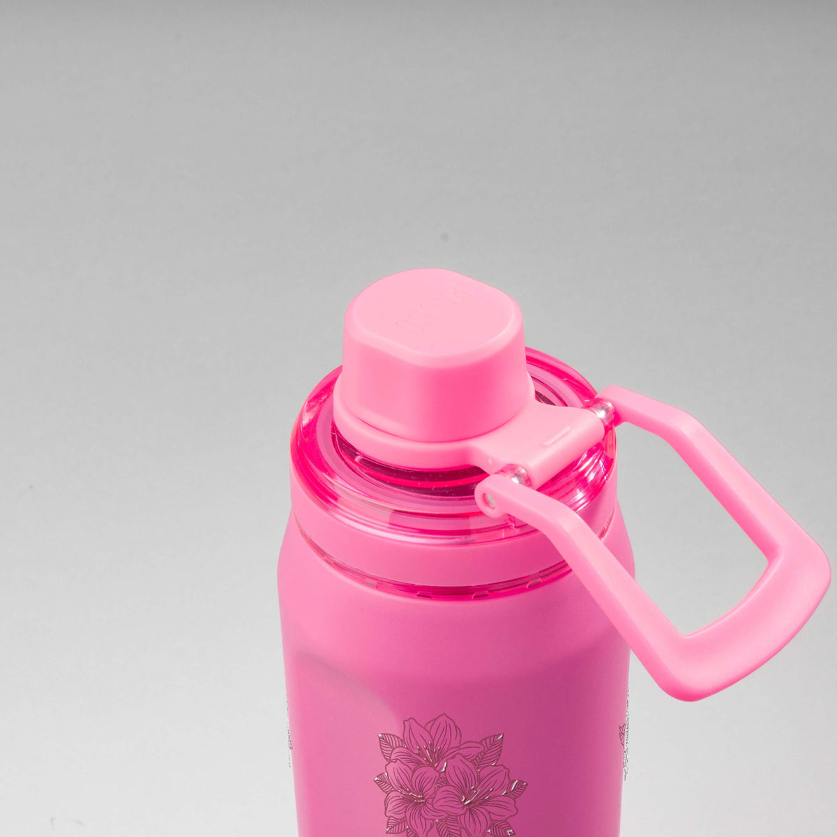Garrafa Térmica PACCO Vyta 650ml Floral Rosa Chiclete, vista de cima com a alça de lado