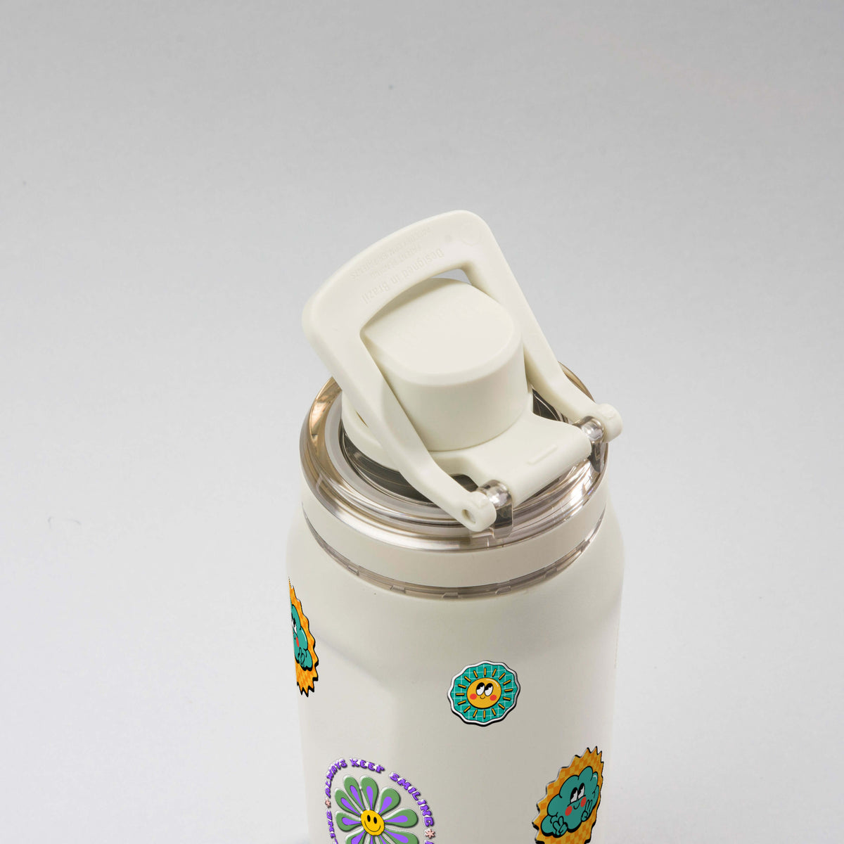 Garrafa Térmica PACCO Vyta 350ml Retrô Good Vibes Creme, alca levantada