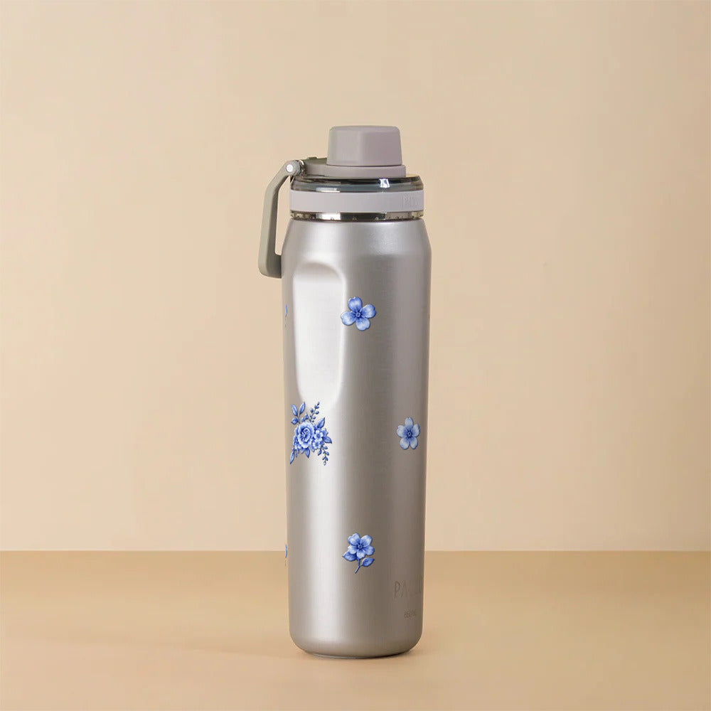 Garrafa Térmica PACCO Vyta 650ml Jardim Azul OURO BRANCO, foto de estúdio