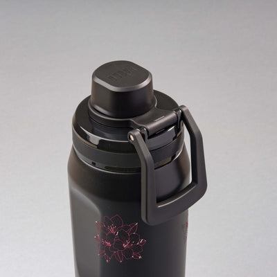 Garrafa Térmica PACCO Vyta 650ml Floral Rosa Preta, vista de cima com a alça na frente
