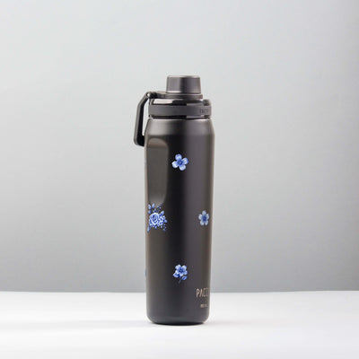 Garrafa Térmica PACCO Vyta 650ml Jardim Azul Preta, foto de estúdio