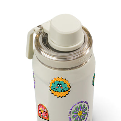 Garrafa Térmica PACCO Vyta 350ml Retrô Good Vibes Creme, tampa alca esquerda