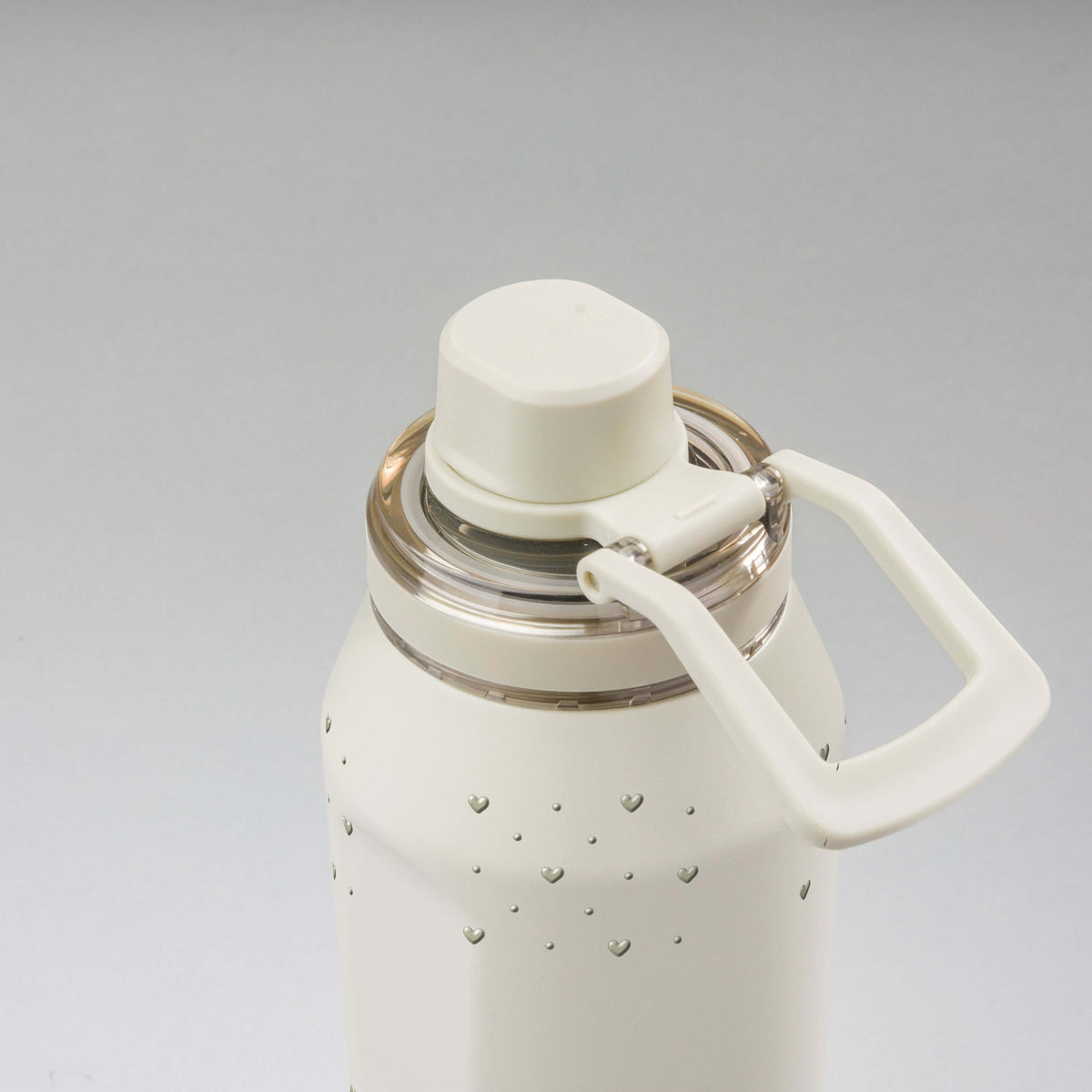 Garrafa Térmica PACCO Vyta 950ml Corações Sálvia Creme, vista de cima com a alça de lado