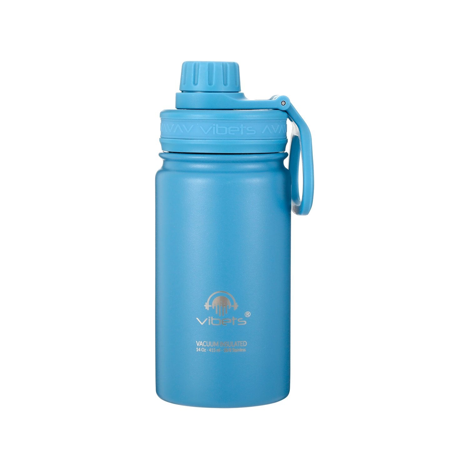 Garrafa Térmica Vibets Kids 415ml azul com isolamento superior e parede dupla para manter temperatura. Design evita suor externo.