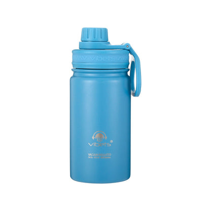 Garrafa Térmica Vibets Kids 415ml azul com isolamento superior e parede dupla para manter temperatura. Design evita suor externo.