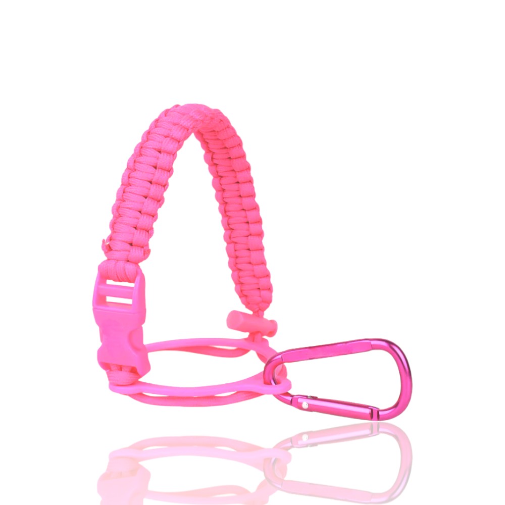 Alça de Mão rosa em Paracord para garrafas térmicas com mosquetão, destacando conforto e estilo para transporte seguro.