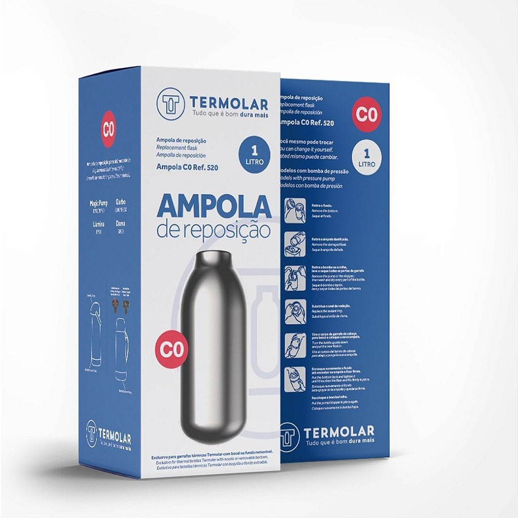 Caixa da Ampola de vidro 1 litro Termolar - Magic Pump e Lúmina com instruções de uso e logotipo da marca.