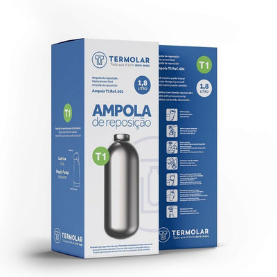 Ampola de vidro 1800ml Termolar - Magic Pump e Lúmina em embalagem. Solução para reposição térmica eficiente e sustentável.