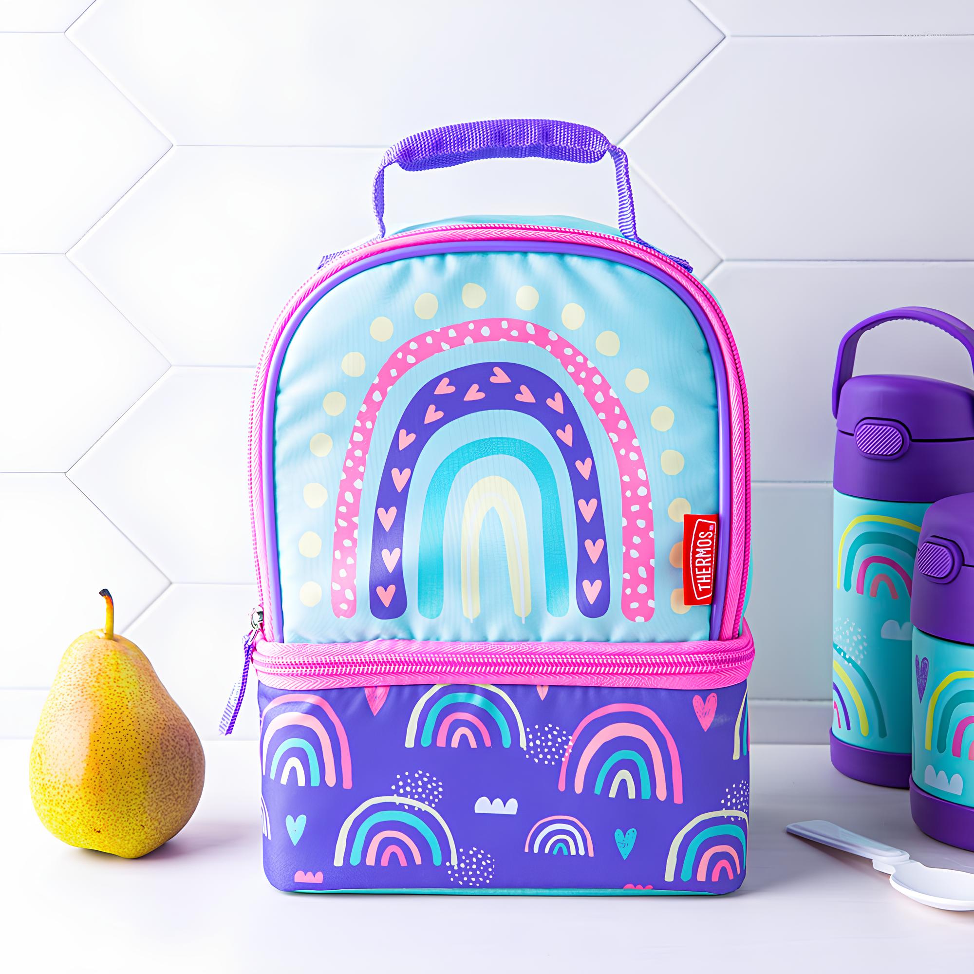 Bolsa Térmica Thermos - Arco-íris com design colorido para crianças, isolamento eficiente, ideal para escola e viagens.