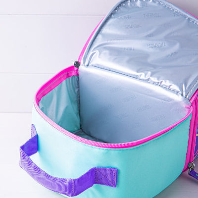 Bolsa Térmica Thermos - Arco-íris aberta, isolante, ideal para a lancheira das crianças, sem PVC, material maleável e colorido.