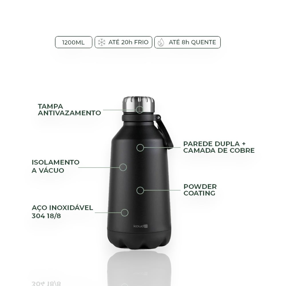 Garrafa Térmica Kouda Loa – 1200ml com isolamento a vácuo, aço inox 304 18/8, tampa antivazamento hermética e livre de BPA.