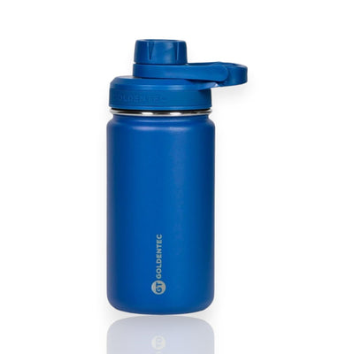 Garrafa Térmica Goltentec 350ml azul com tecnologia de isolamento a vácuo para bebidas quentes e frias.