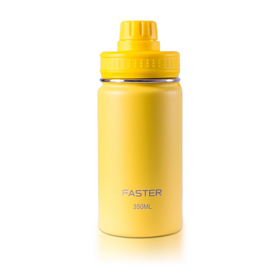 Garrafa Térmica Faster - 350ml amarela com tampa, ideal para manter a água fresca e incentivar a hidratação das crianças.