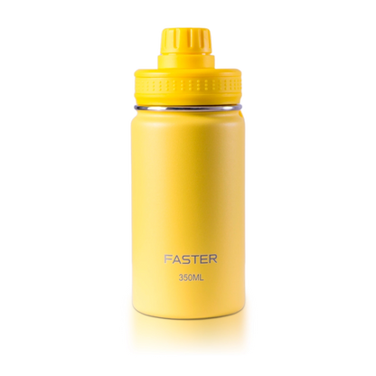 Garrafa Térmica Faster - 350ml amarela com tampa, ideal para manter a água fresca e incentivar a hidratação das crianças.