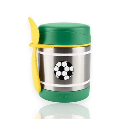 Pote Térmico com Talher - Skip Hop, design infantil com tema de futebol, ideal para manter alimentos quentes ou frios, com capacidade de 325 ml.