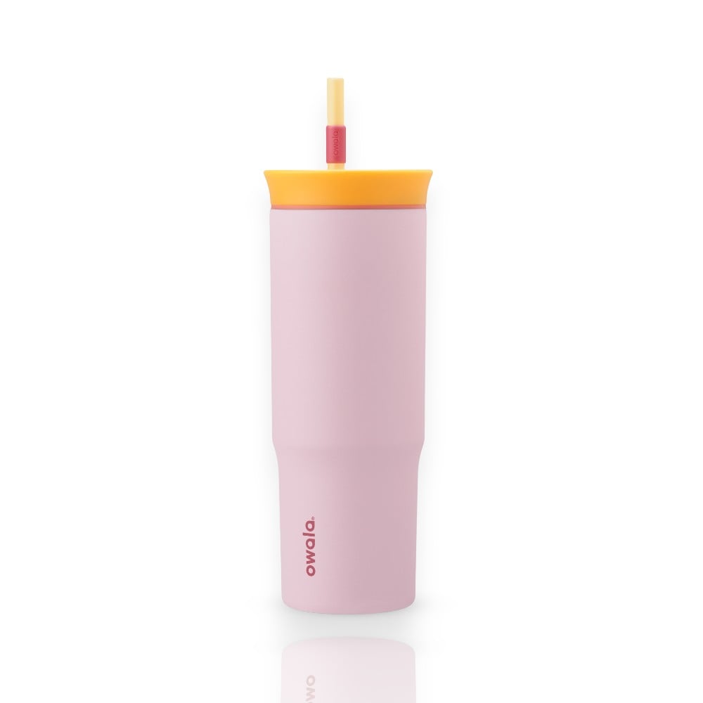 Copo Tumbler Térmico Owala - 710ml | 24oz em rosa com tampa laranja, ideal para manter bebidas frias ou quentes.