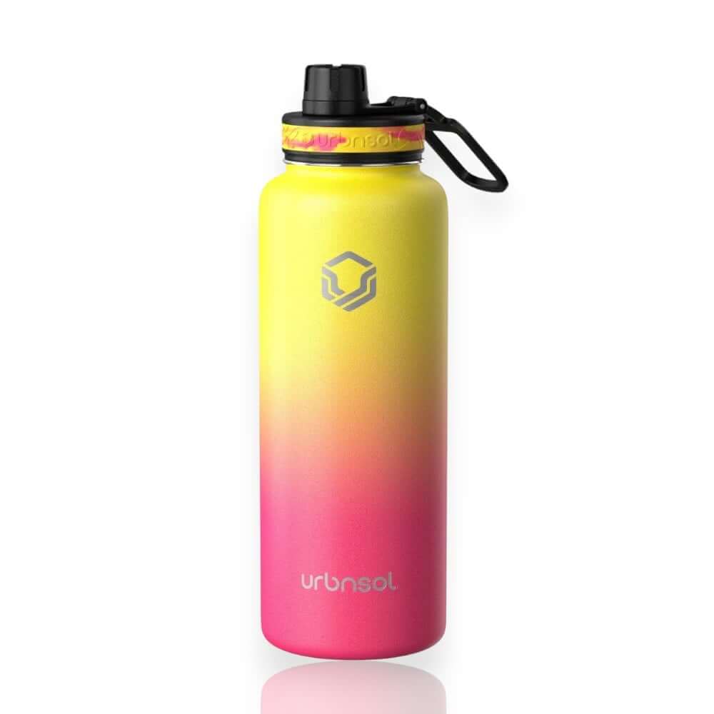 Garrafa Térmica Urbnsol 1,18L - Tradicional com design colorido em amarelo e rosa, fabricada em aço inoxidável para ótima conservação térmica.