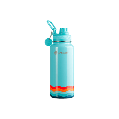 Garrafa Térmica Urbnsol 946ml - Core e Waves edição limitada com design moderno em azul e detalhes de ondas coloridas.