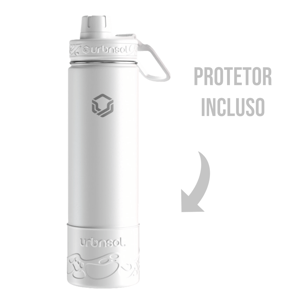 Garrafa Térmica Urbnsol 650ml - Tradicional em destaque com protetor incluído, ideal para manter bebidas quentes por 12h e frias por 24h.