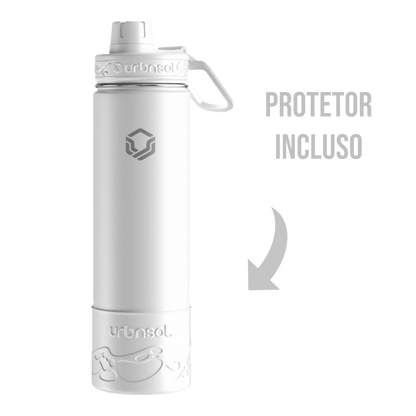 Garrafa Térmica Urbnsol 650ml - Tradicional em destaque com protetor incluído, ideal para manter bebidas quentes por 12h e frias por 24h.