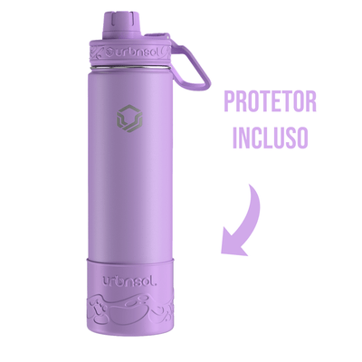 Garrafa Térmica Urbnsol 650ml - Tradicional, cor roxa, com protetor incluso, ideal para manter líquidos quentes 12h e frios 24h.