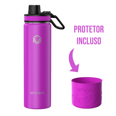 Garrafa Térmica Urbnsol 650ml - Tradicional em rosa com protetor incluído, mantendo bebidas quentes por 12h e frias por 24h.