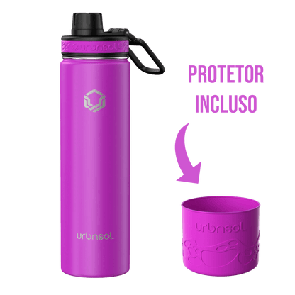 Garrafa Térmica Urbnsol 650ml - Tradicional em rosa com protetor incluído, mantendo bebidas quentes por 12h e frias por 24h.