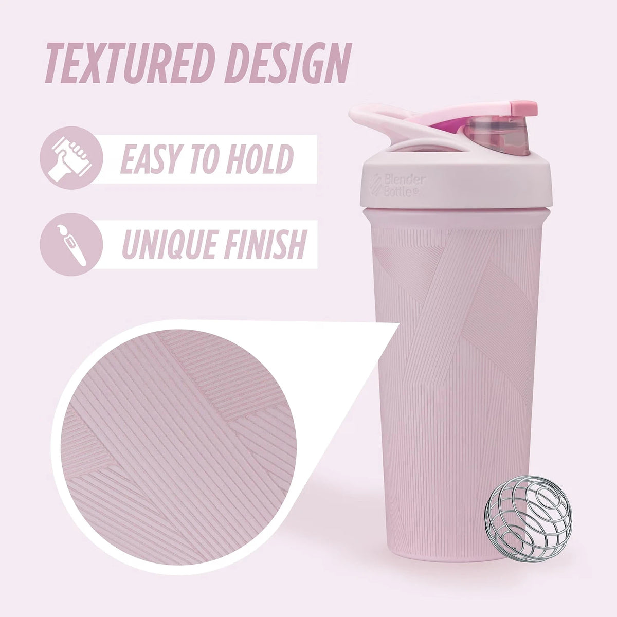 Coqueteleira Blender Bottle Strada Sleek 740 ml Listras Rosas, infográfico com as características, foto 57 de 57