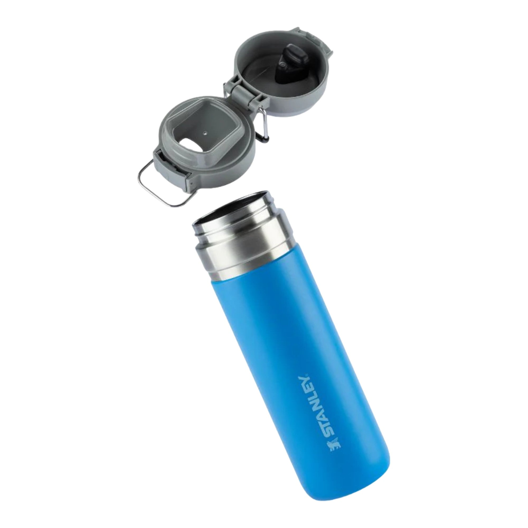 Garrafa Térmica Quick Flip Stanley - 710ml, garrafa azul aberta com tampa e isolamento a vácuo ideal para manter bebidas geladas por 12 horas.