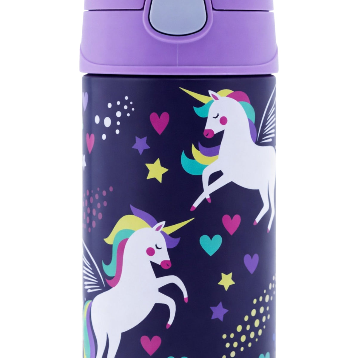 Garrafa Térmica Funtainer Thermos - 355ml com design de unicórnios coloridos, isolamento a vácuo e parede dupla em aço inoxidável.