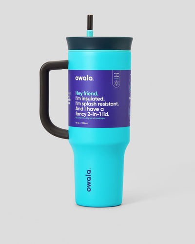 Copo Tumbler Térmico Owala - 1180ml | 40oz azul com tampa preta e alça lateral, ideal para manter bebidas geladas por até 24 horas.