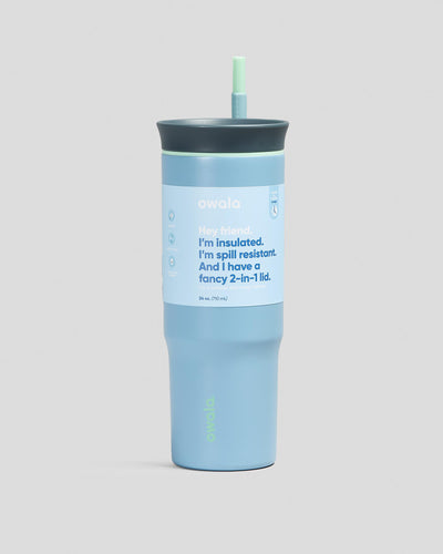 Copo Tumbler Térmico Owala - 710ml | 24oz em azul claro, design inteligente com isolamento a vácuo, mantendo a temperatura ideal.