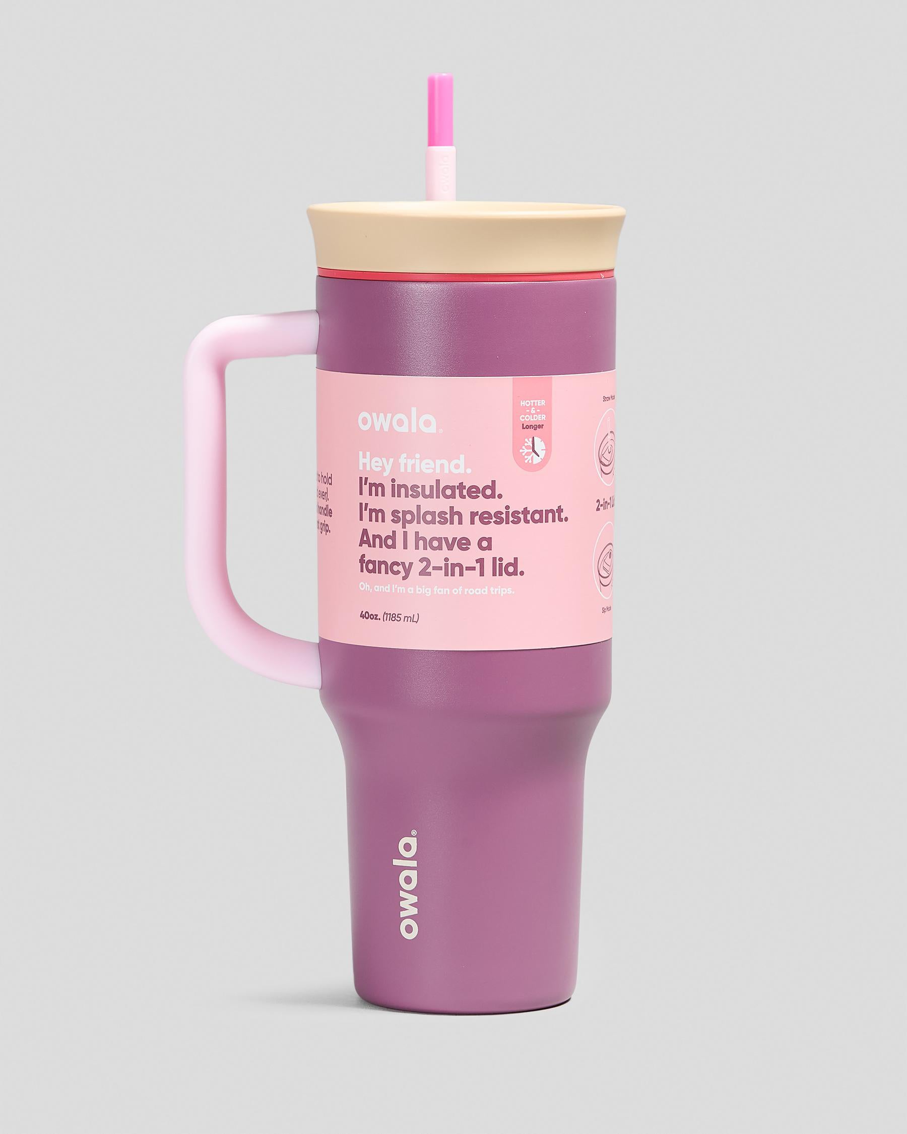 Copo Tumbler Térmico Owala - 1180ml | 40oz roxo com canudo visto de lado, com design moderno e isolamento térmico de parede dupla.