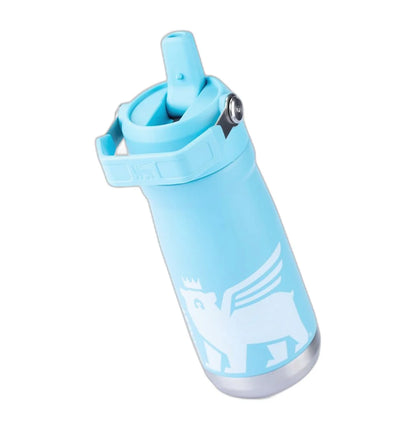Garrafa Térmica Flip Straw Youth Stanley - 500ml azul com imagem de animal alado, canudo retrátil e alça integrada para crianças.